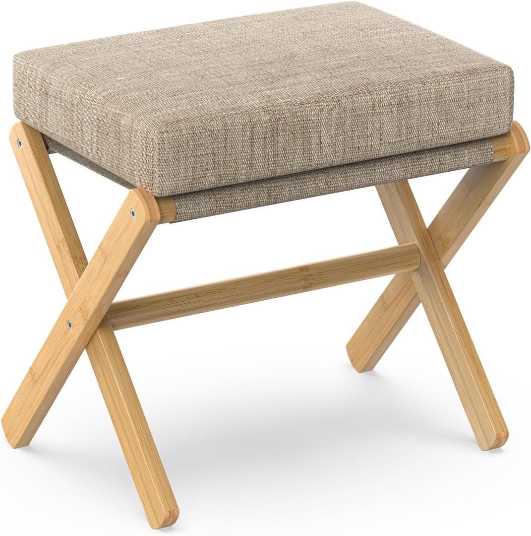Foldable Foot Stool Ottoman, Modern Foot Rest with Bamboo X Legs & Thick Foam Cushion, Folding Foot Stools Small Padded for Bedroom Living Room, Footstool for Chair Couch (Natural - Brown)