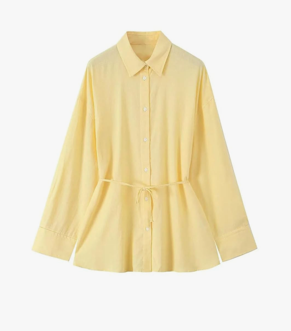 Women's Loose Lapel Long Sleeve Single Waist Tie Shirt,Large
