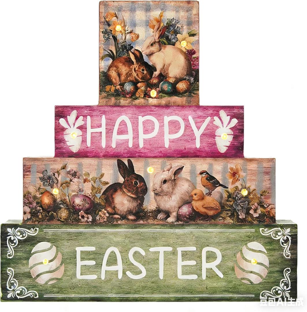 Vintage Easter Decorations Indoor - Led Bunny Retro Decor Light up Happy Easter Wooden Sign for Table Religious Home Office Indoor Decor 9  9 Inch