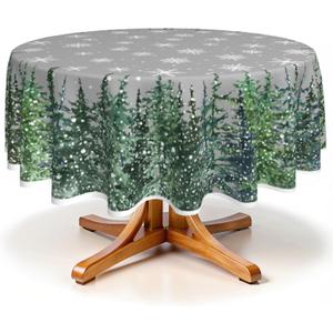 Robvobe Christmas Tablecloth Round 60 Inch Winter Rustic Watercolor Tree Snowflakes Grey Green Nature Forest Print Decorative Washable Polyester Table Cloth for Party Picnic Home Kitchen Decor