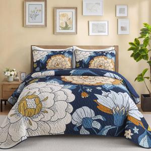 Navy Floral Quilt Set King Size Boho Bedspread Coverlet Set, 3 Piece Botanical Quilt Soft Microfiber Blue Floral Bohemian Bedding Set with 2 Pillowcases for All Season, 110''x90''