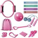 Home Pilates Kit for Women, Workout Set with 12.9" Ring, 9.8" Mini Ball, 4 Fabric Bands, Figure-8 Band, Stretch Band, D-Ring Strap, Cordless Jump Rope, Socks, Carry Bag