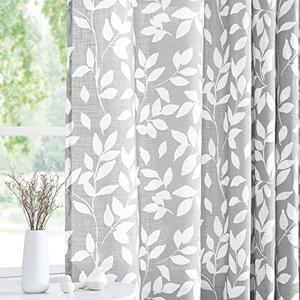 White and Grey Curtains for Bedroom 84" Length Semi-Sheer Print Leaf Curtains for Living Room Windows, Grommet Top, 1Panel