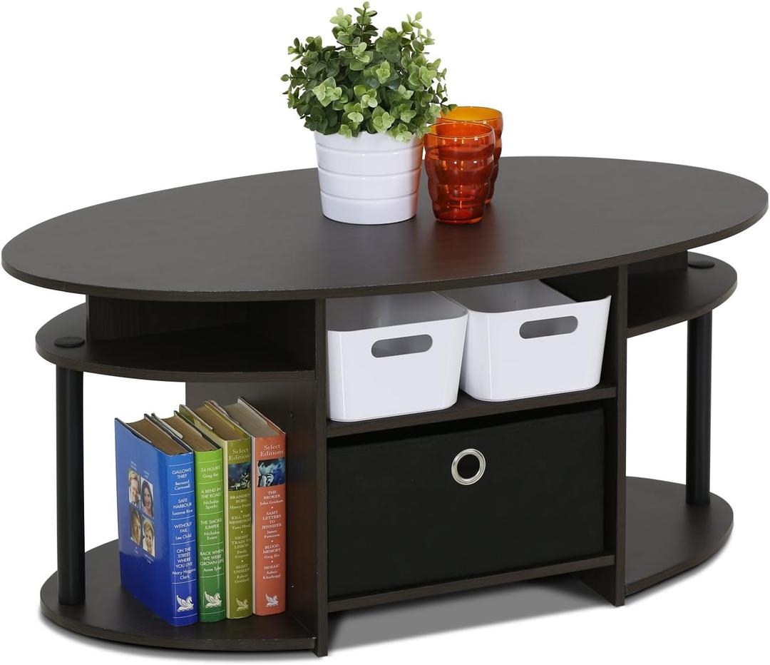 Furinno Jaya Simple Design Oval Coffee Table with Bin for Living Room, Walnut, 19.7"D x 35.4"W x 16.4"H