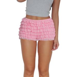 Women Ruffle Bloomers Lolita Fairy Short Y2K Mesh Lace Pumpkin Sexy Layered Pettipants Boy Shorts (Large, Pink)