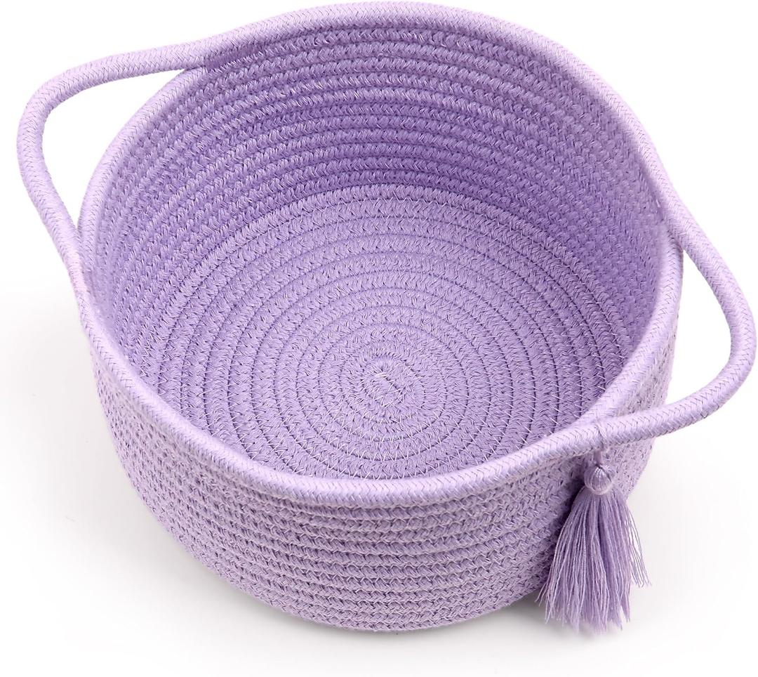 Small Purple Basket, Cute Woven Gift baskets Empty with Cellophane Wrap set for Girl, Decorative Cotton Rope violet Container Bin, Little Makeup Holder for Bathroom, Vanity, Cosmetics lavender