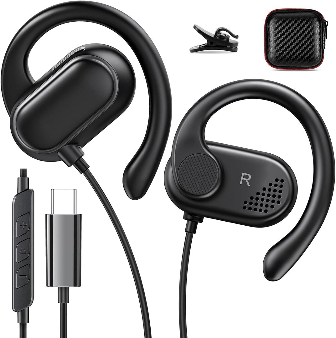 USB C Earbuds Wired Over Ear Headphones for iPhone 17 16 Pro 15 Plus/iPad 10th for Google Pixel 10 Pro 8 7 Open Ear Sport Headset Type USB C Earphones with Microphone Volume Control Rotatable Earhook