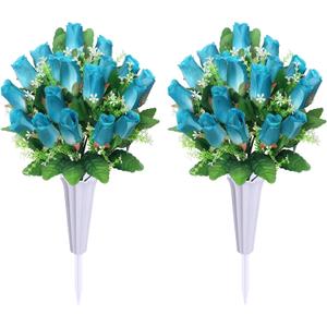 Cemetery Flowers for Grave,2Pack Memorial Roses Bouquets with Vase for Grave Tombstone Decorations(Deep Blue)