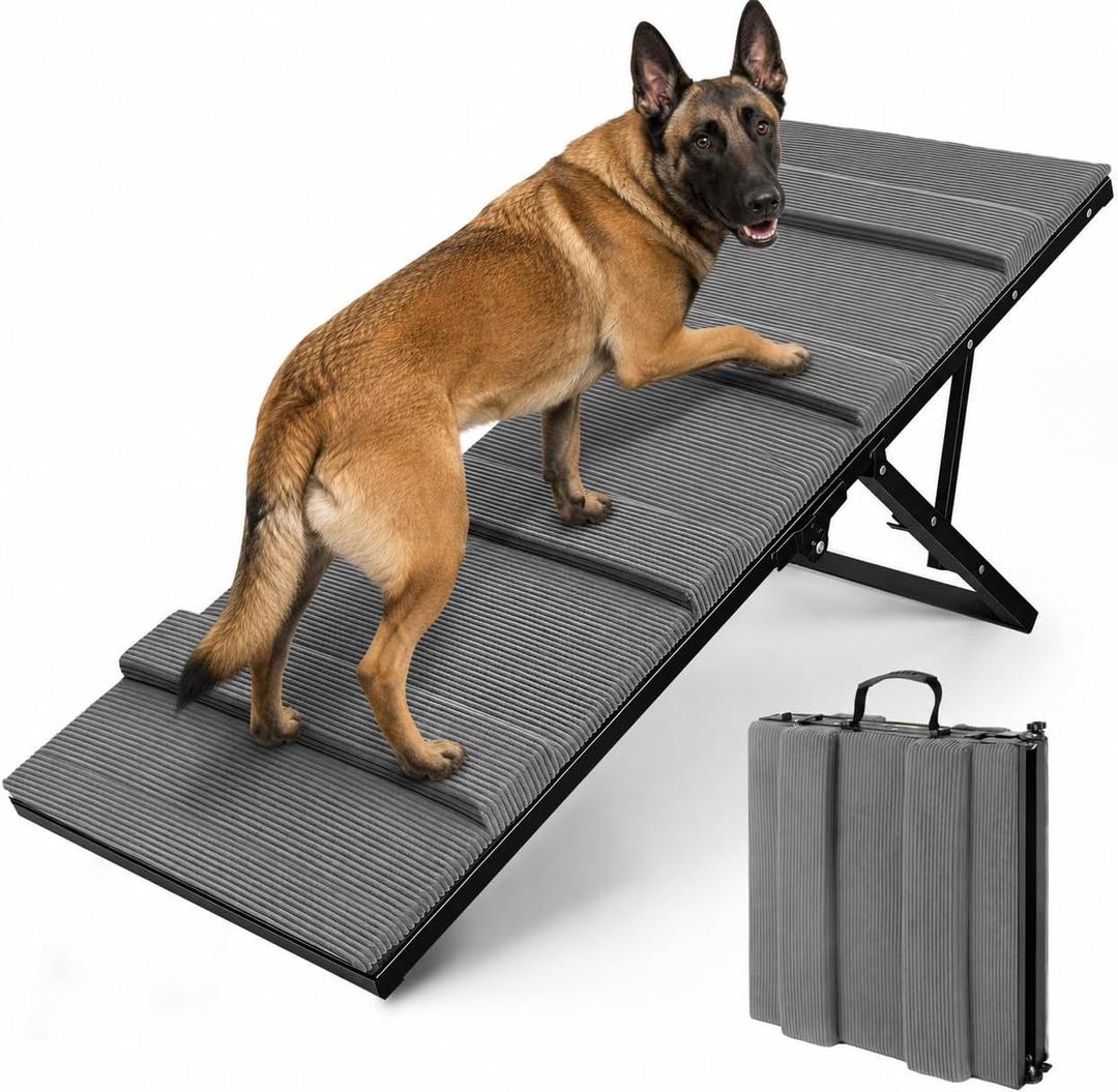 RAYKI Dog Ramp for Bed & Couch, Foldable Pet Ramp with 5 Adjustable Height Levels, Non-Slip Striped Fabric, Portable Indoor Dog Ramp for Small to Medium Dogs, Fits 16"-24" Furniture