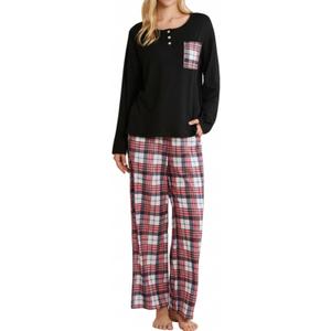 FLYCURVY Women's Pajama Sets 2 Piece Long Sleeve Sleepwear Soft Pj Set Loungewear Plaid Pjs with Pockets XS-L
