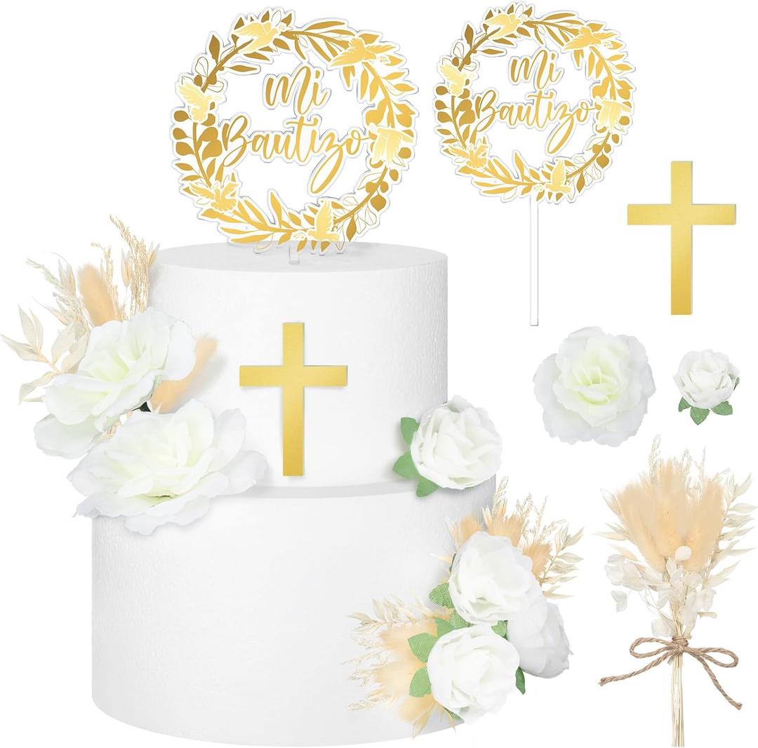 9 Pcs Mi Bautizo Cake Topper Gold Cross and Dried Flower Decor Set First Holy Communion Baptism Cake Pick Religious God Bless Baptism Cake Decoration for Celebration Milestones Decor