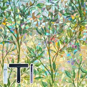 Window Privacy Film Decorative Stained Glass Window Film, Rainbow Effect Static Cling No Glue Decals, UV Blocking Heat Control Tint for Home, Leaf Pattern, 35.4 x 157.4 inches