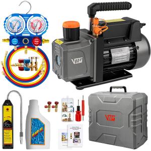 VTG VOGTEN 4.5 CFM AC Vacuum Pump and Gauge Set,for Mini Split/HVAC/Auto Systems,Manifold Gauge Kit fits R134a R12 R22 R410a,with Leak Detector,Core Depressor Valves,2 R134a Can Taps,Storage Case