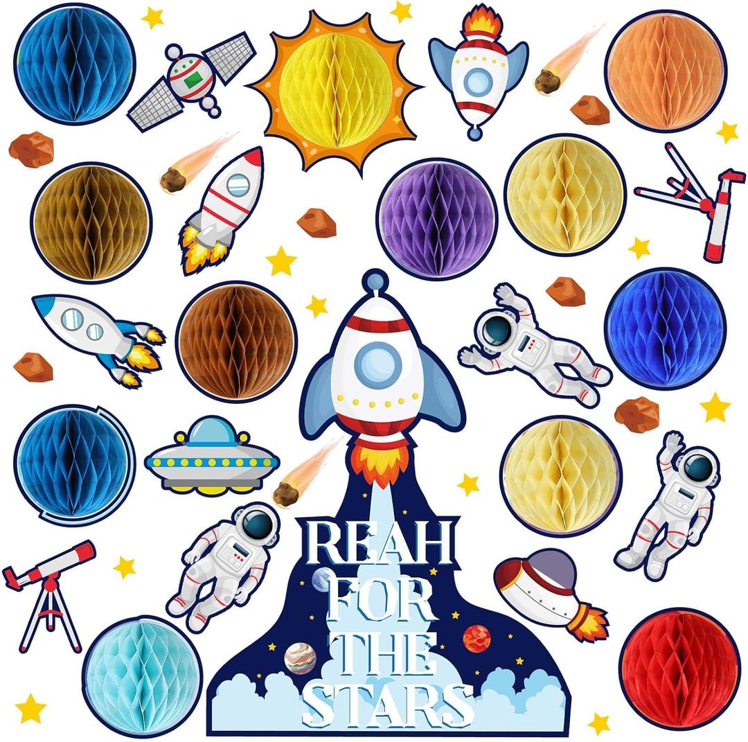 Outer Space Honeycomb Balls Bulletin Board Set Decorations Solar System Cutouts Reach for The Stars Galaxy Planets Astronaut Spacecraft Paper-Cuts for Birthday Party School Nursery Classroom Decor