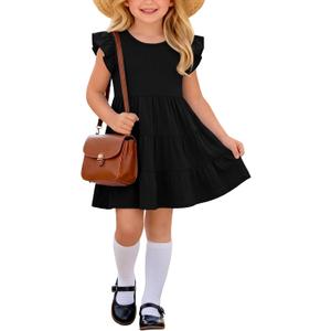 Girl's Ruffle Sleeve Dress Crewneck Short Sleeve Tiered Midi Dress for Kids 5-14 Years Elegant Casual Sundress (Black)