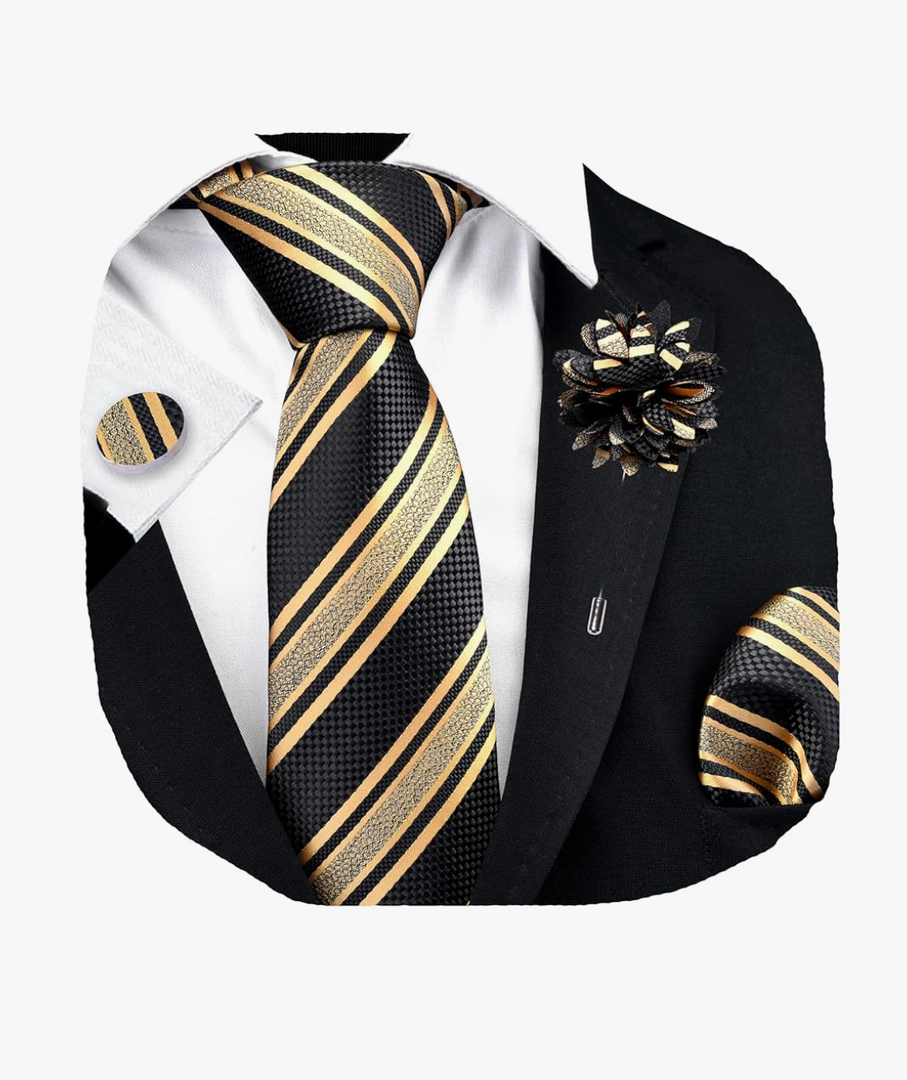 GUSLESON 3.15"（8cm） Striped Tie for Men With Lapel Pin Necktie Hankerchief Cufflinks Set