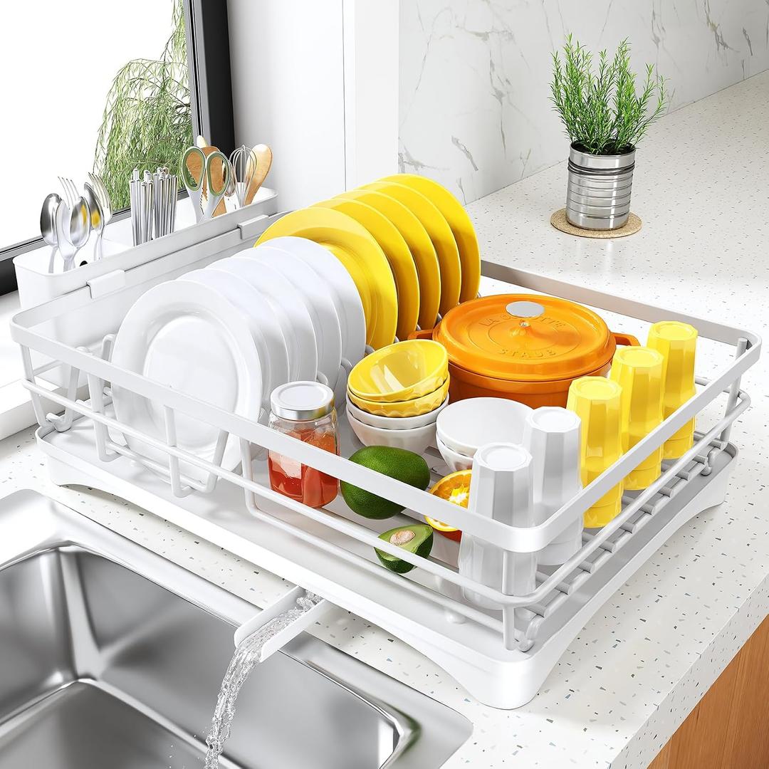 SNTD Dish Drying Rack for Kitchen Counter - Large Dish Rack with Drainboard, Rustproof Dish Drainer with Utensil Holder for Sink, White, 16.7" x 11.8" x 5.7"
