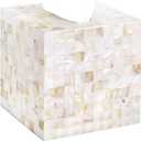 PEMAR Handcrafted Wooden Tissue Box Cover for Small Cube Tissue Boxes Only (Max Inner Size 4.7) Mother of Pearl Inlay Decorative Tissue Holder for Bathroom, Living Room & Office (White Sand)