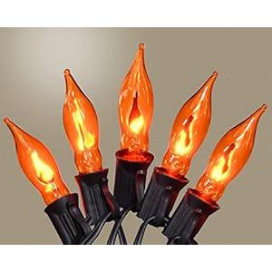 PASUTO Flickering Flame String Lights Orange Halloween Lights with 10 Pack C7 Orange Flickering Light Bulbs, 12.8Ft Flame String Lights for Fall Decor Halloween Decorations for Home Party Yard Porch