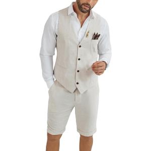 Mens Linen Suit 2 Piece Short Suits for Men Casual Summer Beach Groom Wedding Suit Linen Vest Shorts Set, Beige XL