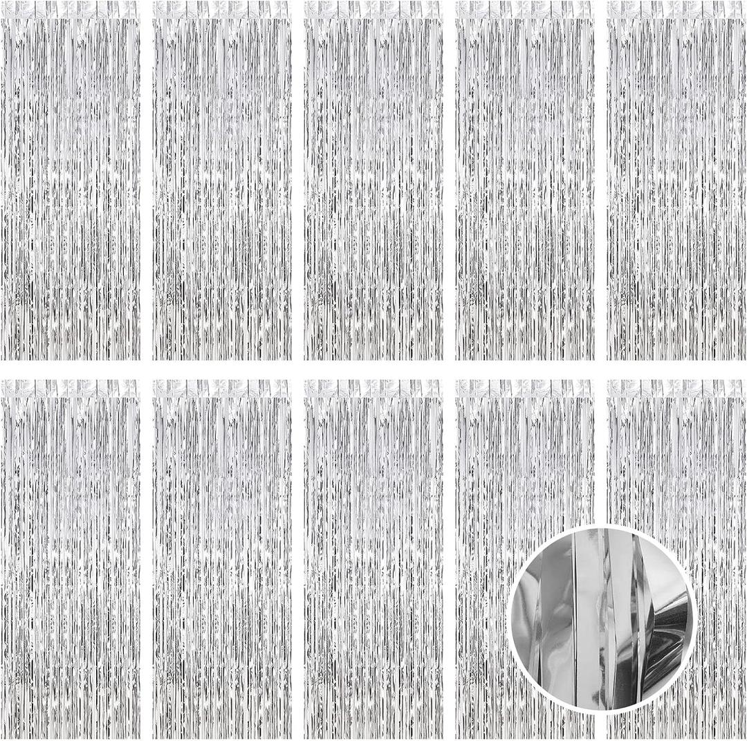 10 Pack Silver Foil Curtain Backdrop 3.2ft x 9.8ft Metallic Tinsel Foil Fringe Curtains Streamer Photo Booth Backdrop for Birthday Party Engagement Bachelorette Party Decorations (Silver)