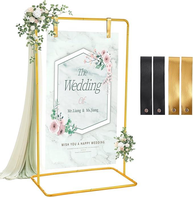Wedding Welcome Sign Stand, Adjustable Welcome To Our Wedding Sign Stand, 70x 31x 20Welcome Sign Holder with 4 Leather Sign Hanging Straps, Wedding Seating Chart Stand, Easel for Display, Gold