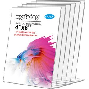 6pack Acrylic Sign Holder 4x6 for Picture Frames, L Shape Clear Plastic, Plastic Sign Holder,Menu Holder, Unbreakable Table Sign Holder for Restaurant, Office, School, Store and Home Use