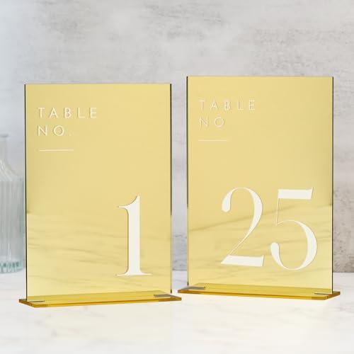 JINMURY Gold Wedding Table Numbers 1-25 with Stands, 5"x7" Gold Mirror Acrylic Table Numbers, Perfect for Wedding Reception, Party, Anniversary, Event