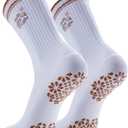 Pilates Grip Socks for Women - Embroidery Athletic Crew, Non-Skid Sticky Soles for Yoga, Barre, Workout & Hospital (White)