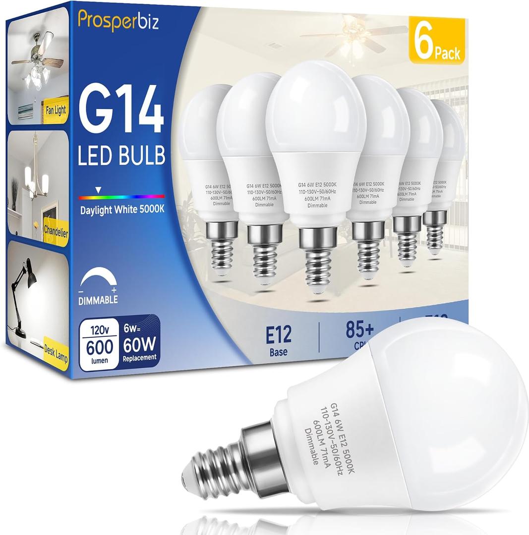 E12 Dimmable 6 watt (60w Equivalent) LED Light Bulbs, G14 Ceiling Fan Light Bulbs Daylight White 5000K, Candelabra Base Globe Shape LED Bulbs, 600 Lumen, 6 Pack