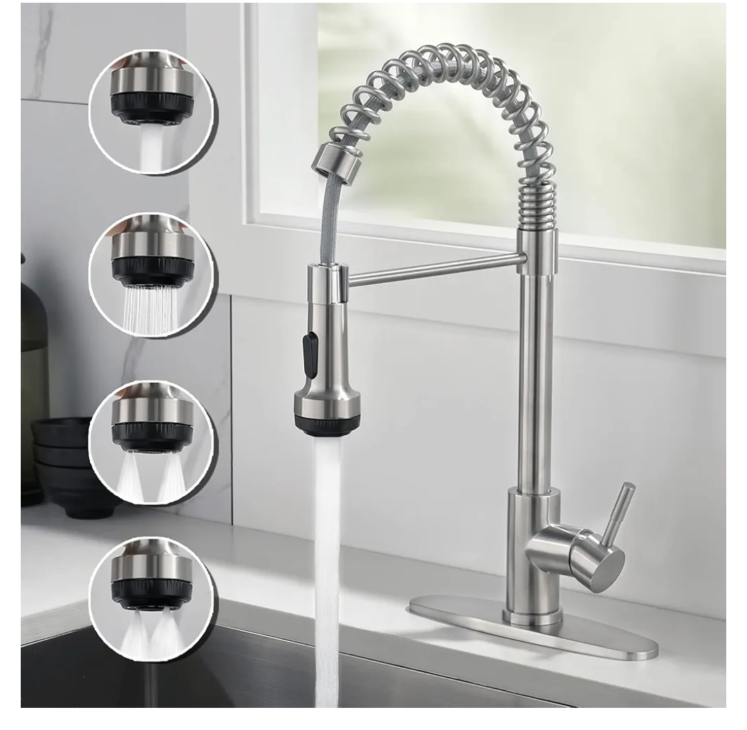 Rainovo Kitchen Faucet with 4 Mode Pull Down Sprayer Brushed Nickel, Spring Kitchen Sink Faucet Stainless Steel with Deck Plate, Single Handle faucets High Arc Modern with Pull Out Sprayer