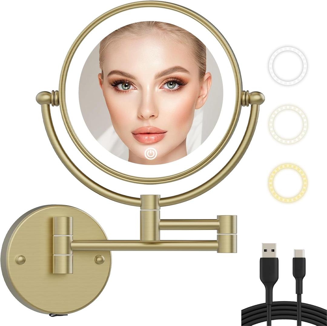 10X Magnifying Make up Mirror Wall Mounted with Light, Brass Bathroom Wall Makeup Mirror with Extension Arm, 3 Color Lighting & Ultra-Brightness, Touch Dimmable Rechargeable Satin Brushed Gold