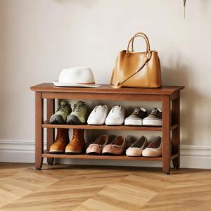 Wood Shoe Bench for Entryway,Bench with Shoe Rack,Storage Shoe Organizer for Hallway,Living Room,Bedroom (Brown, 31.5''W×11.81‘’D×17.71‘’H)