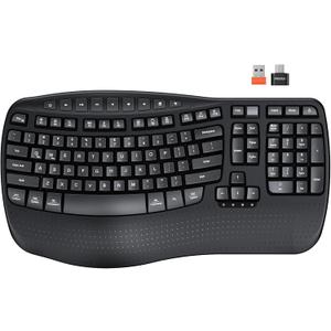 MEETION Wireless Ergonomic Keyboard, Wave Keys Wrist Rest for Natural Typing, 2.4G USB-A Cordless Receiver and USB-C Adapter, Ergo Computer Keyboard Compatible with Windows/Mac/PC/Laptop, Black