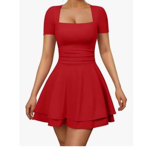 XXTAXN Women's Sexy Square Neck Short Sleeve Ruched Tiered Ruffle Hem Flowy Club Party Mini Dress, Size M