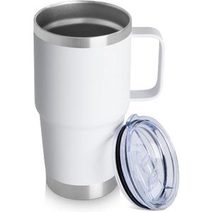 20oz Tumbler with Handle & Lid, Insulated Stainless Steel Travel Mug, Leakproof Cup for Coffee & Tea, BPA-Free Double-Wall Vacuum Tumblers for Hot/Cold Drinks, Commuter, Gym, Office, White 1 Pack