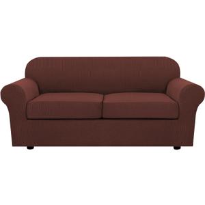 H.VERSAILTEX 3 Piece Stretch Sofa Covers for 2 Cushion Sofa Couch Covers for Living Room Sofa Slipcovers (Base Cover Plus 2 Seat Cushion Covers) Thicker Jacquard Fabric(Large Sofa, Chocolate)