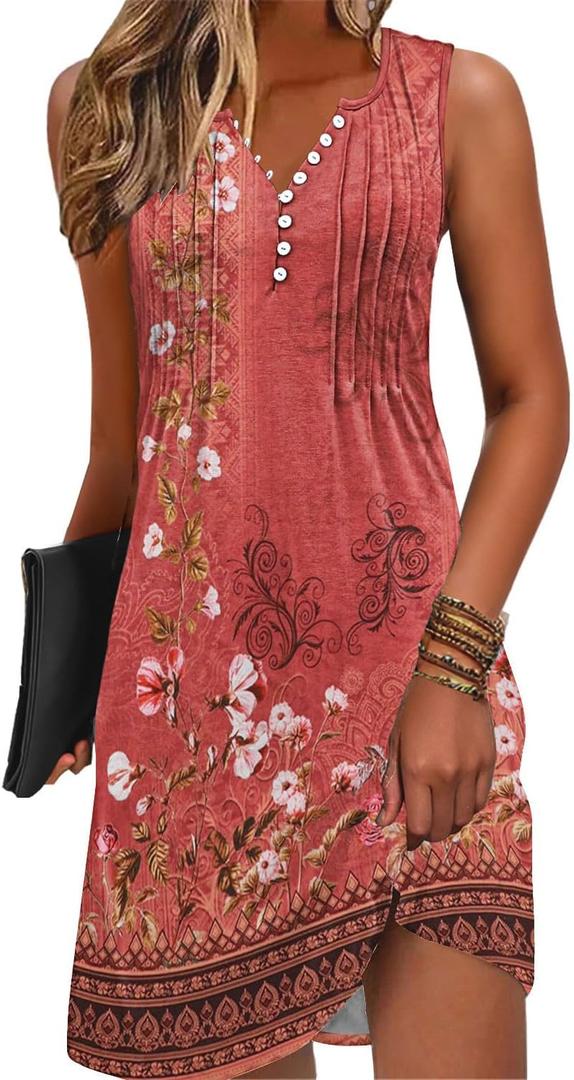 Disamer Beach Dresses for Women 2026 Vacation Swim Cover up V-Neck Summer Dress Button Down Sleeveless Boho Floral Sundress (Medium, Flower Wallpaper Red)