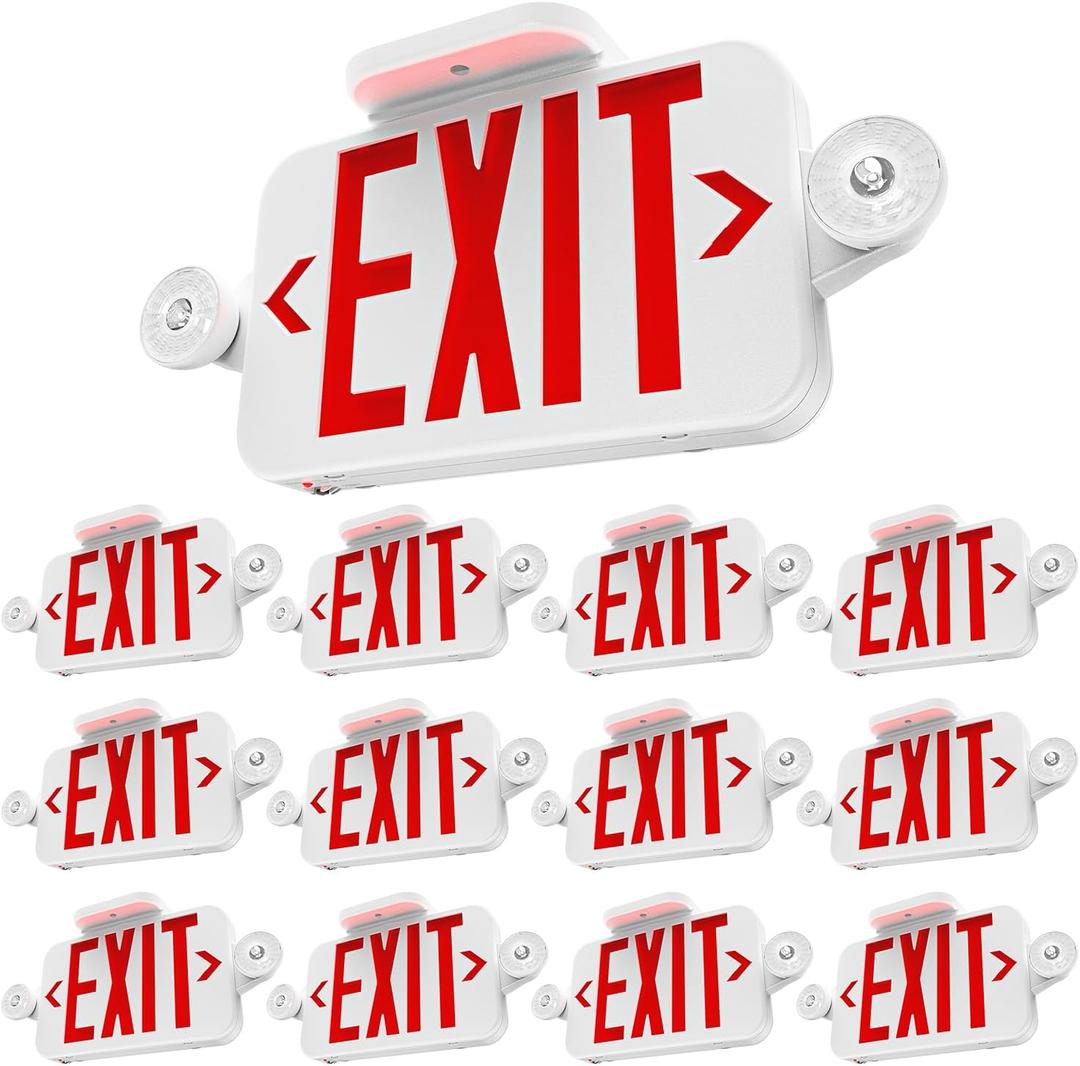 Sunco 12 Pack LED Exit Sign With Emergency Lights, Red, Two Mini Adjustable Lights, 94V-0 Fire Resistant, Backup Battery, 2.3W 6000K Daylight Deluxe, 200 Lumens 120-277V, Wall Or Ceiling Mount UL