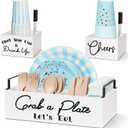 Paper Plate Holders with 2 Cup Holders and 2 Markers, Wood Utensil Holder for Party, Kitchen Paper Plate Dispenser for Counter, Disposable Plate Organizer, Silverware Holder for Cup, Plate, Napkin