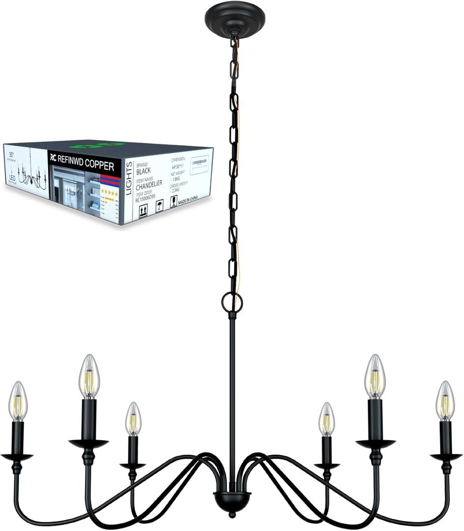 Black Chandelier RC Ceiling Light Fixture -6 Light 36 inches-Modern Farmhouse Apply to Chandeliers for Dining Room Lighting,Living Room,Bedroom,Foyer