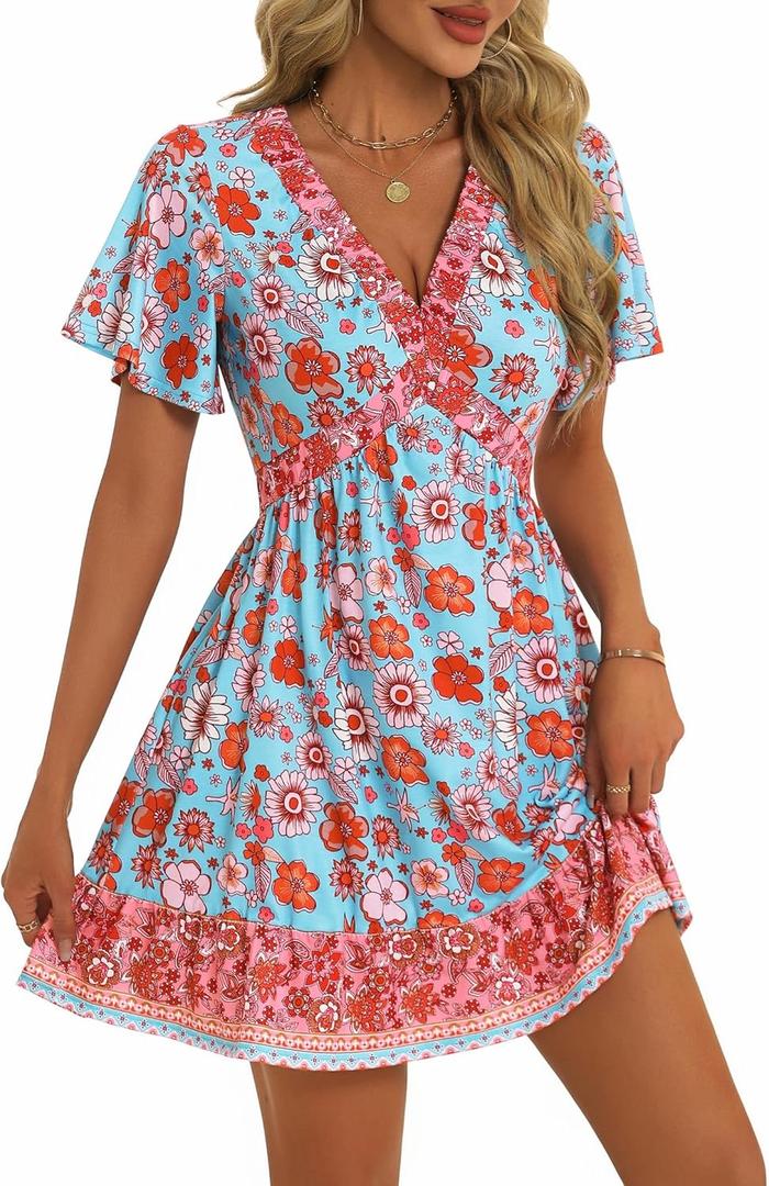 GUBERRY Women's Summer Boho Dress with Pockets V Neck Ruffle Flowy Casual Floral Babydoll Mini Short Sun Beach Dress Large