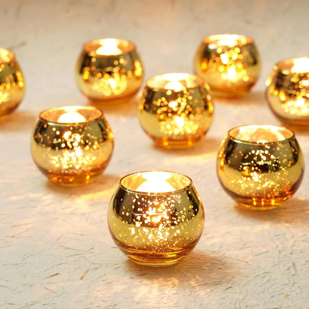 Homemory 24 Pcs Gold Votive Candle Holders, Round Mercury Glass Candle Holder, Tealight Candle Holders for Table Centerpieces, Baby Shower, Anniversary, Wedding, Home Decor, Halloween, Christmas