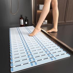 XIYUNTE Shower Mat Non Slip Bath Mat for Tub - 36 x 16 Inch Bathtub Mat Non Slip Shower Mats for Inside Shower, TPE Bath Mat with Suction Cups and Drain Holes, Easy to Cut, Blue
