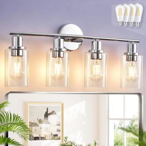 DLLT 4-Light Bathroom Light Fixtures: Chrome Modern Vanity Lights with 4 E26 Bulbs - Clear Glass Shade Bathroom Wall Lamp for Mirror Kitchen Living Room Hallway Cabinet Porch