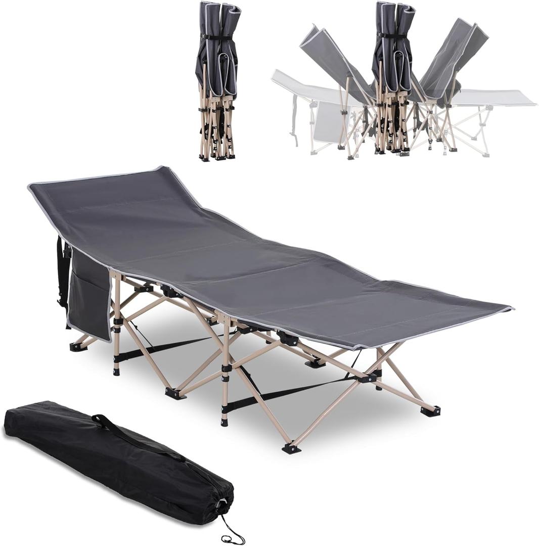 Portable Folding Camping Cot for Adults with Carry Bag & Side Pocket - Elevated Military Style Sleeping Bed for Outdoor Adventures, Travel, Camping, & Vacations - Supports up to 330 lbs (Grey)