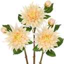 Artificial Dahlia Flowers  Set of 3 | 27.9" Tall Real-Touch Silk Dahlia Stems with Large 6.1" Blooms | Lifelike Ivory Faux Flowers for Home Decor, Wedding, Centerpieces & Floral Arrangements