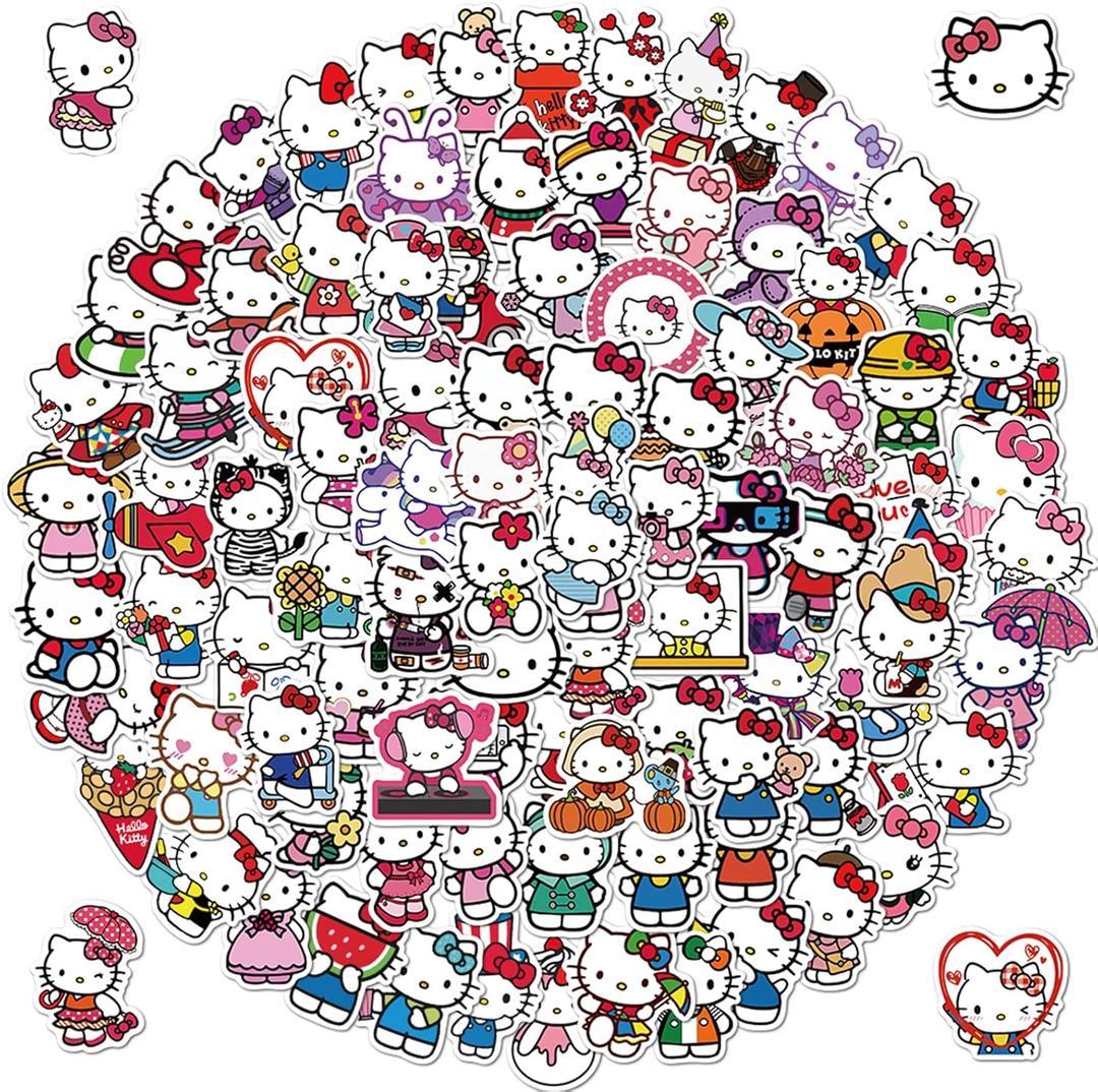 100pcs Hello Kitty Cute Stickers, Kawaii Sanrio Cartoon Waterproof Vinyl Decal for Teen Girl Kids Adult Laptop, Travel Case, Phone, Bike, Water Bottle, Guitar, Computer, Skateboard