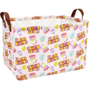 Large Empty Easter Basket for Kid Baby Rectangular Cute Easter Gift Bunny Eggs Dcor Storage Basket (Pink Happy Egg)