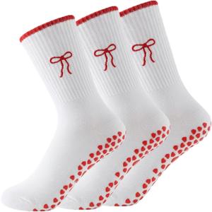 3 Pairs Cute Pilates Socks with Grips for Women Non Slip Yoga Socks Grippy Crew Socks Embroidery Pattern for Workout Ballet (White)